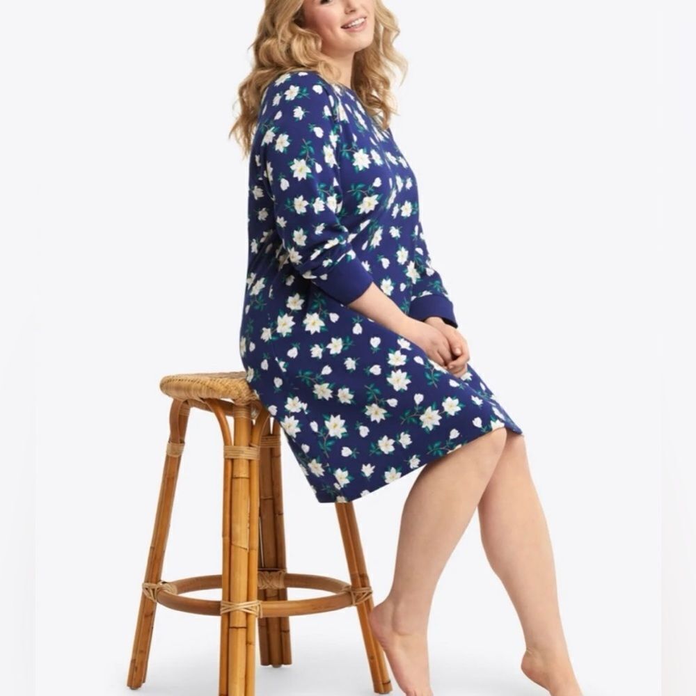 Draper James Magnolia Sweatshirt Dress Floral Midi Cotton Blue White Plus 1X